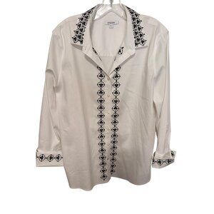 Chico's Button up Shirt White w/Black Embroidery Tux Look Womans 3/XL